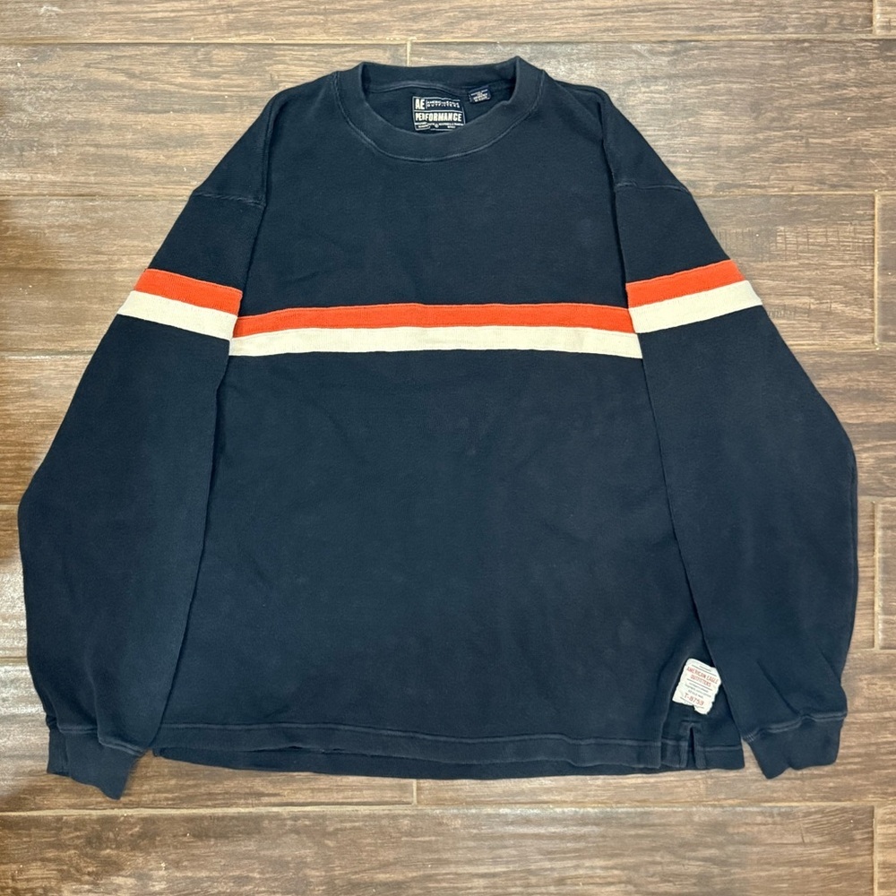 Vtg 90s American Eagle Performance Striped Cotton Crewneck Sweater XL Navy